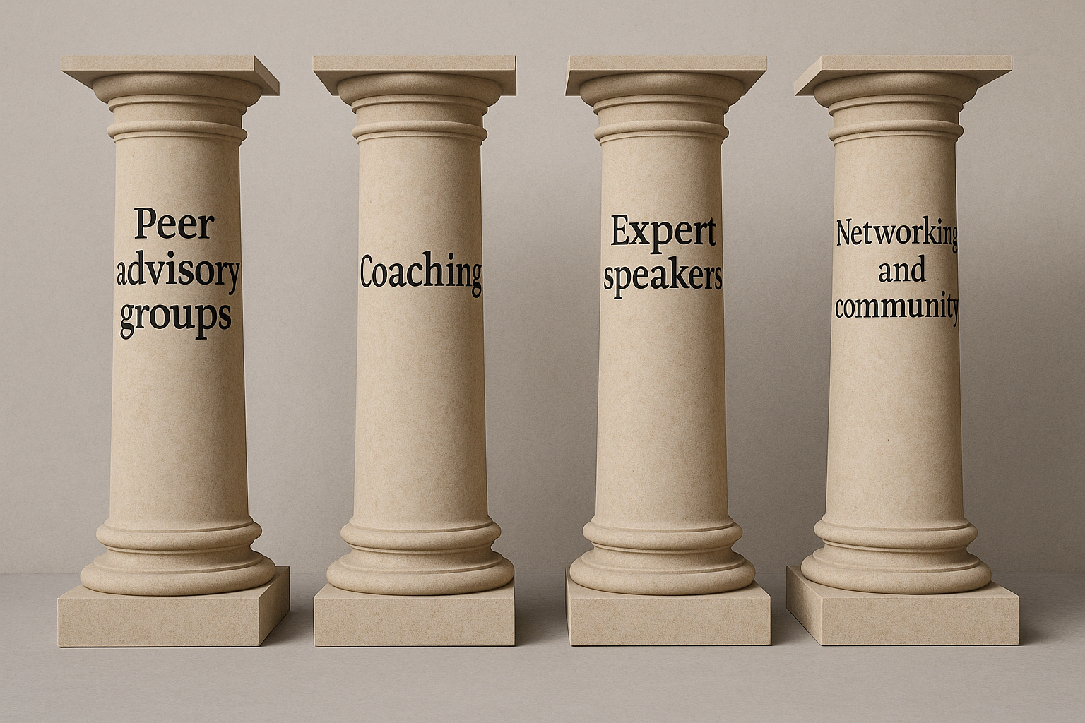Four classical pillars representing peer advisory groups, coaching, expert speakers, and networking, the foundational elements of TEC Canada’s leadership experience.